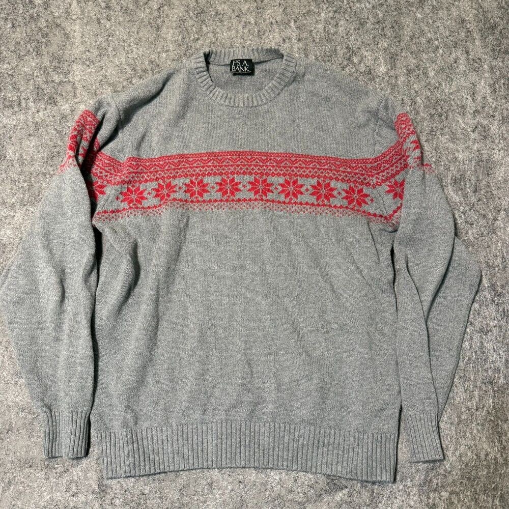Jos A Bank Men's Sweater Size M Medium Gray red Fair Isle Snowflake Cotton Knit